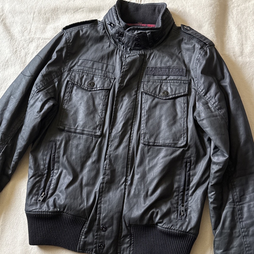Schott NYC Mens S Waxed Cotton Field Jacket Military Style Quilted Lined Black
